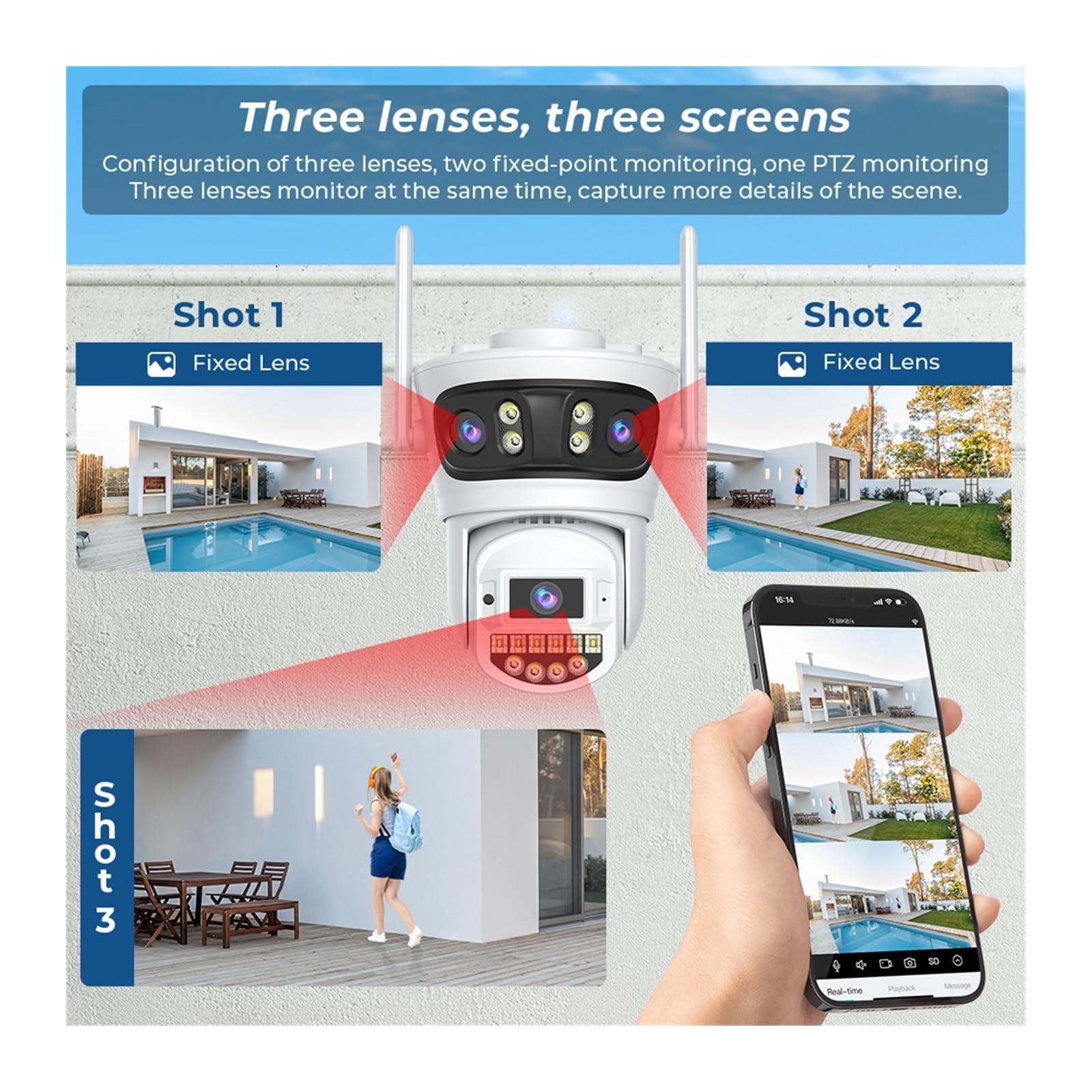 Kamery bezpieczeństwa, Kamera Monitorująca 15 MP 8K HD Wi-Fi Na Zewnątrz, Trzy Obiektywy, Ekrany, IP Z Detekcją Ruchu, 5G(8MP NO SD Card)