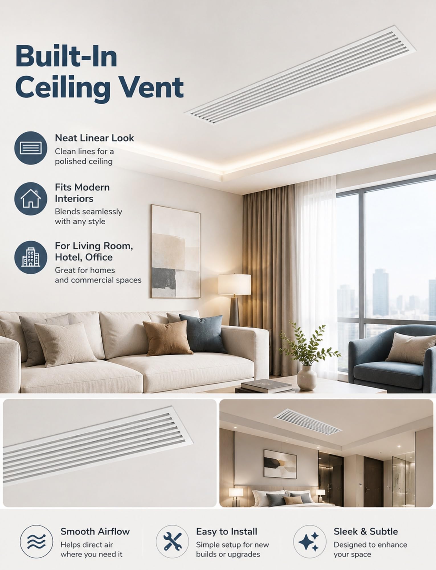Griglia di ventilazione lineare AC, registro con cornice stretta in ABS 2 cm(Milk,900x150 mm)