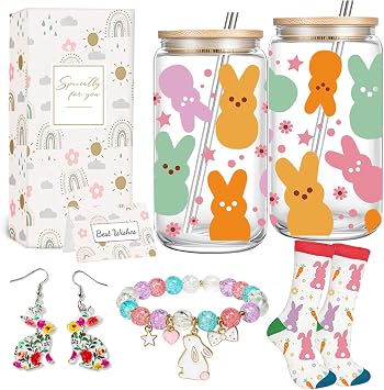 Easter Gift Basket for Women - Cute 16oz Glass Bunny Tumbler with Lid And Straw, Rabbit Bracelet, Bunny Earrings & Socks - Spring Easter Gifts for Her, Mom, Daughter, Sister