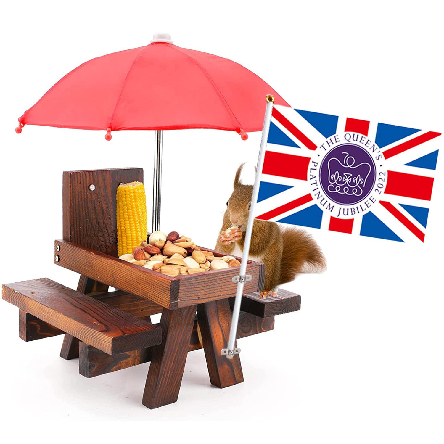 Squirrel Feeder Table with Umbrella and Mini Hand Wave Flag, Wooden Picnic Table Feeder for Squirrels with Corn Cob Holder Squirrel Feeding Station Suitable for Gardens Trees Fences Dark Brown