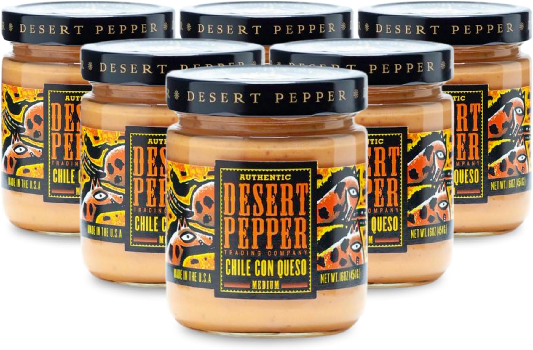 Desert Pepper Trading Con Queso Dip with Flame-Roasted Red, Green Chiles and Golden Cheddar Cheese, Gluten-Free, Low Carb Snack Medium,16 oz 6-Pack
