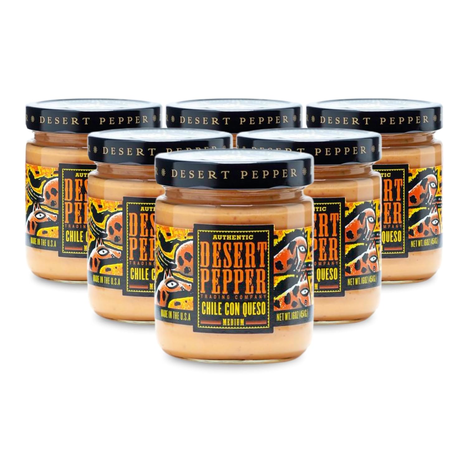 Desert Pepper Trading Con Queso Dip with Flame-Roasted Red, Green Chiles and Golden Cheddar Cheese, Gluten-Free, Low Carb Snack Medium,16 oz 6-Pack