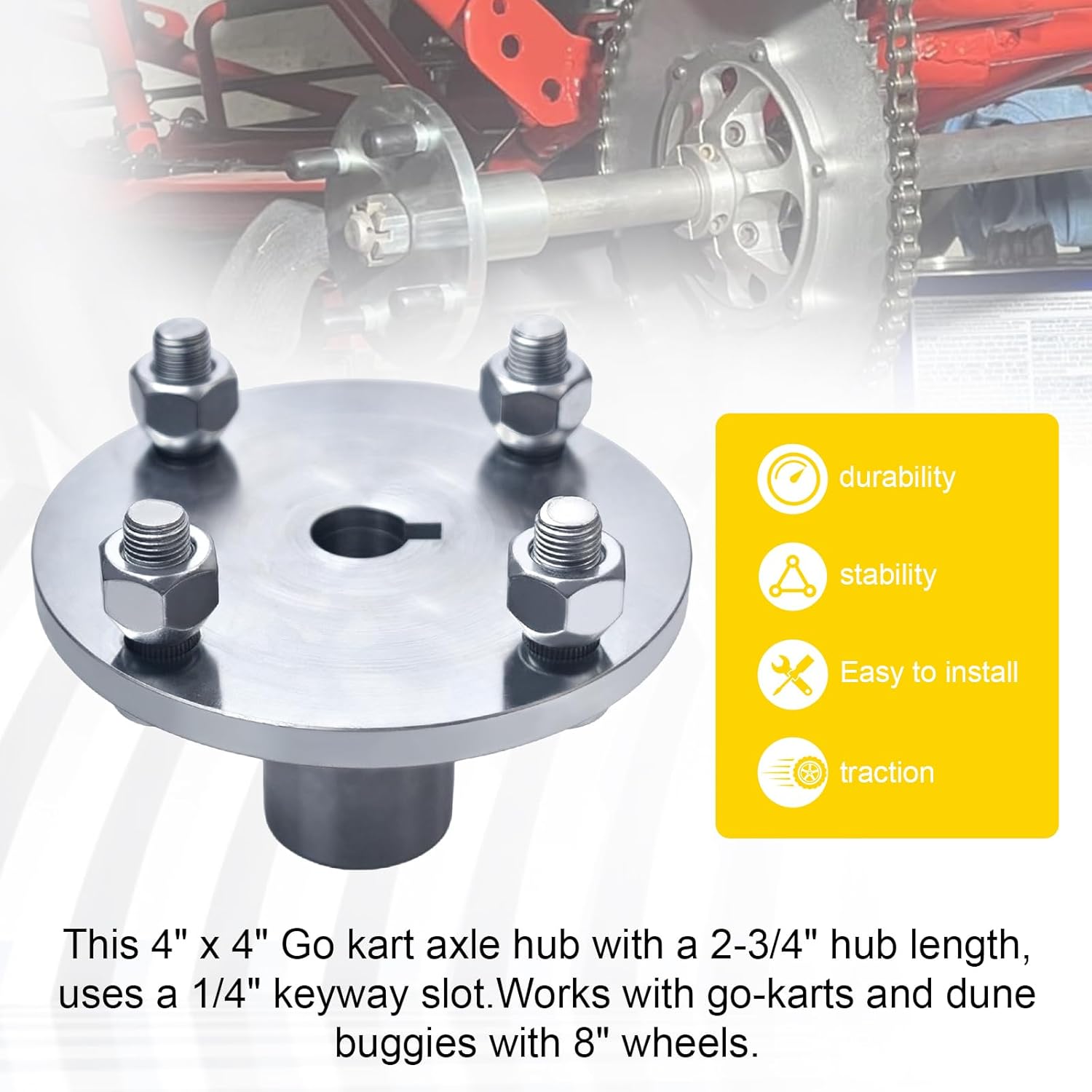 4" x 4" Go-Kart Live Axle Hub with 1" to 3/4" Step-Down - 1/4" Keyed Shaft, 8 Inch Rear Front Wheel, x4 Lug Set Kit(2PCS)