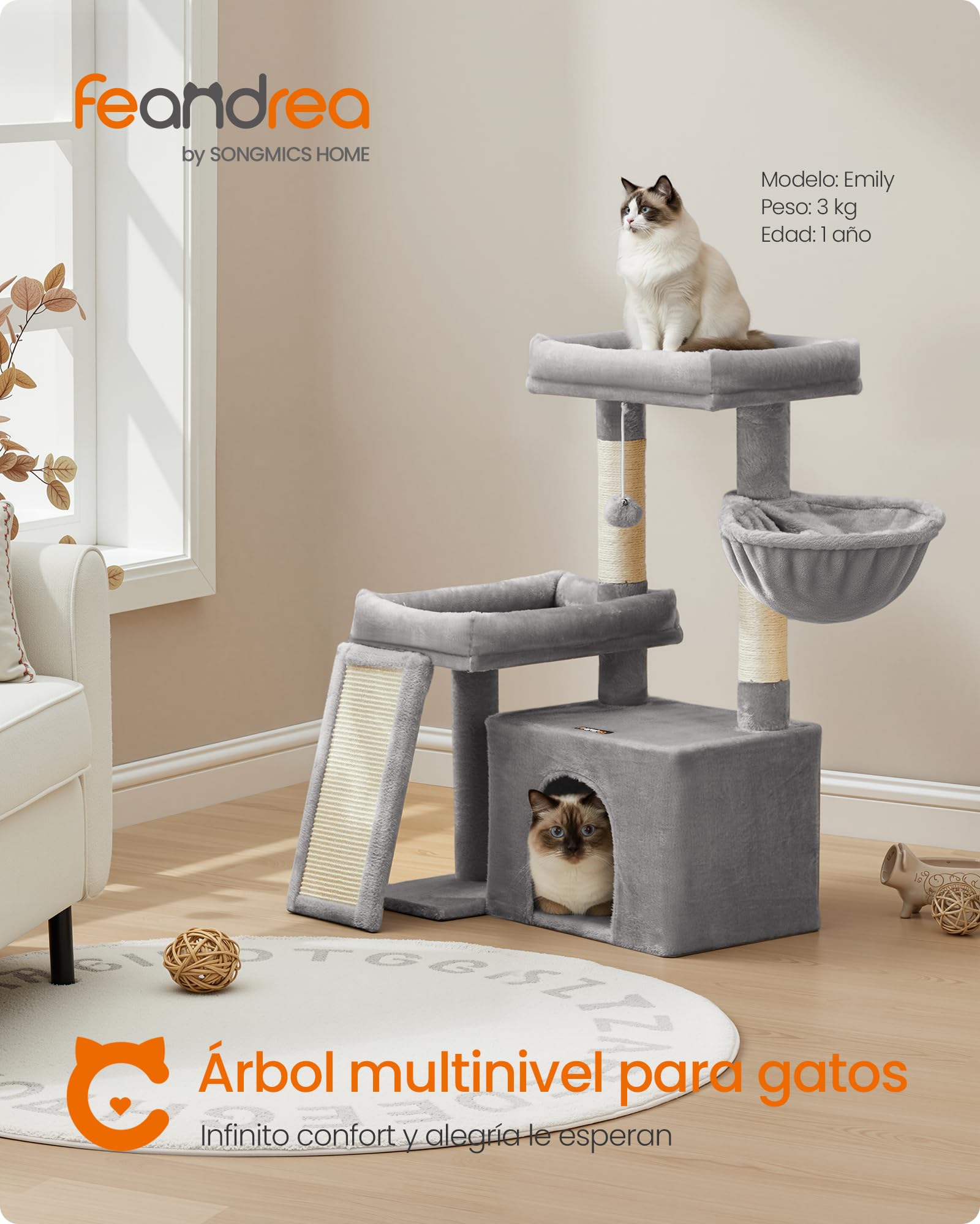 Feandrea Árbol para Gatos, Torre de Juegos con 2 Camas Grandes, Postes Rascadores y Rampa, 85,8 cm de Altura, Gris Paloma PCT013GD01