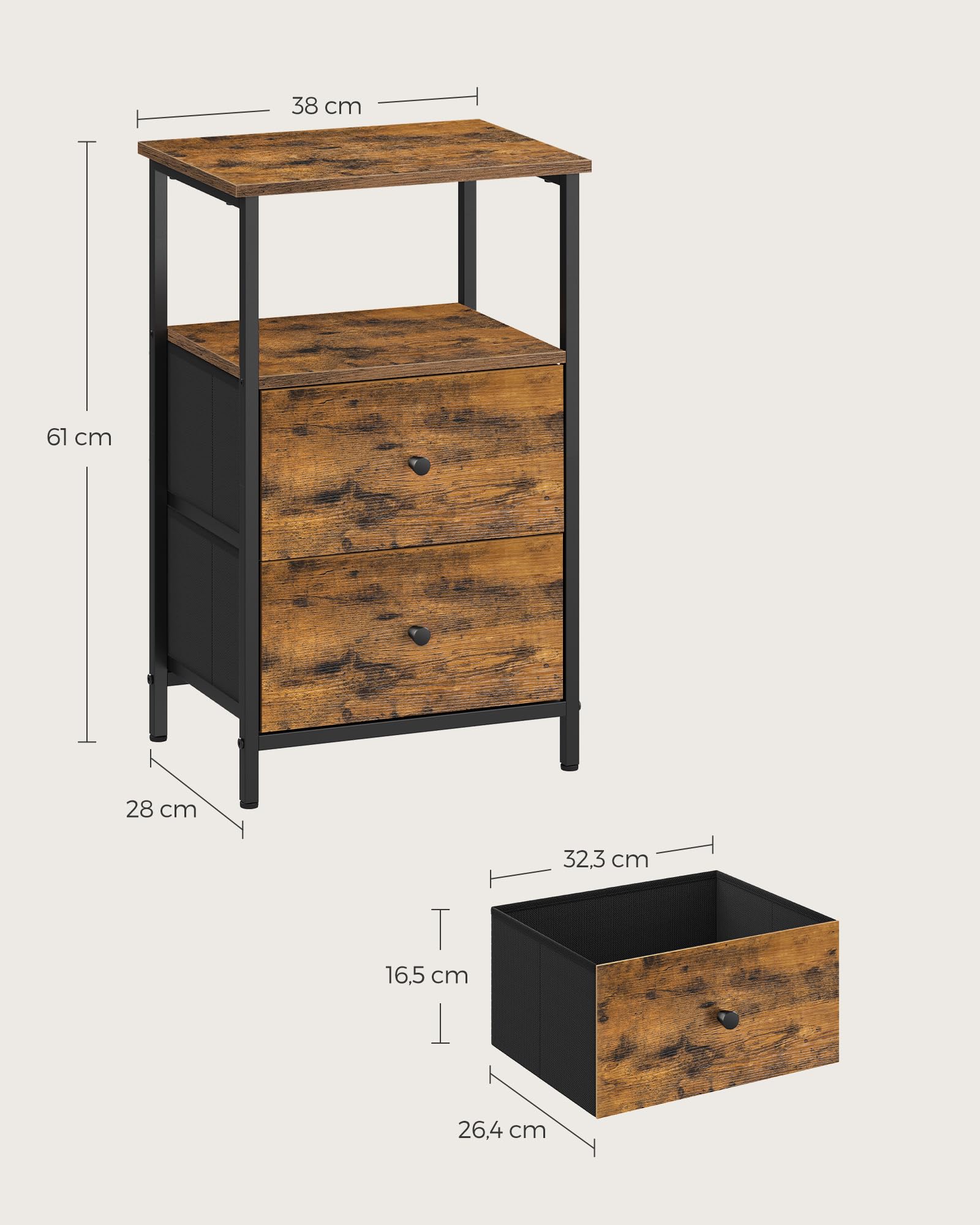 VASAGLE Set di 2 Comodini, Tavolino con 2 Cassetti in Tessuto, Alto 61 cm, con Ripiano Portaoggetti, per Soggiorno Camera da Letto, Marrone Vintage, Inchiostro e Nero Opaco LGS225K01, 38 x 28 x 61 cm