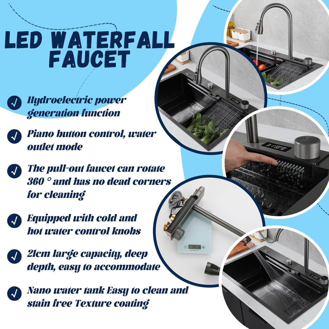 Fregadero de Cocina Moderno de un Solo Seno de Acero Inoxidable 304 Negro para instalación bajo encimera, con Grifo Tipo Cascada y Accesorios.