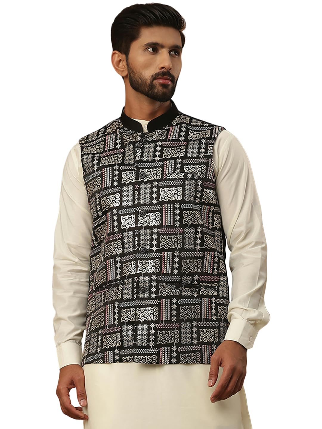 jompers Men’s Silk Blend Embroidered Nehru Jacket (Black, S)-picture-21