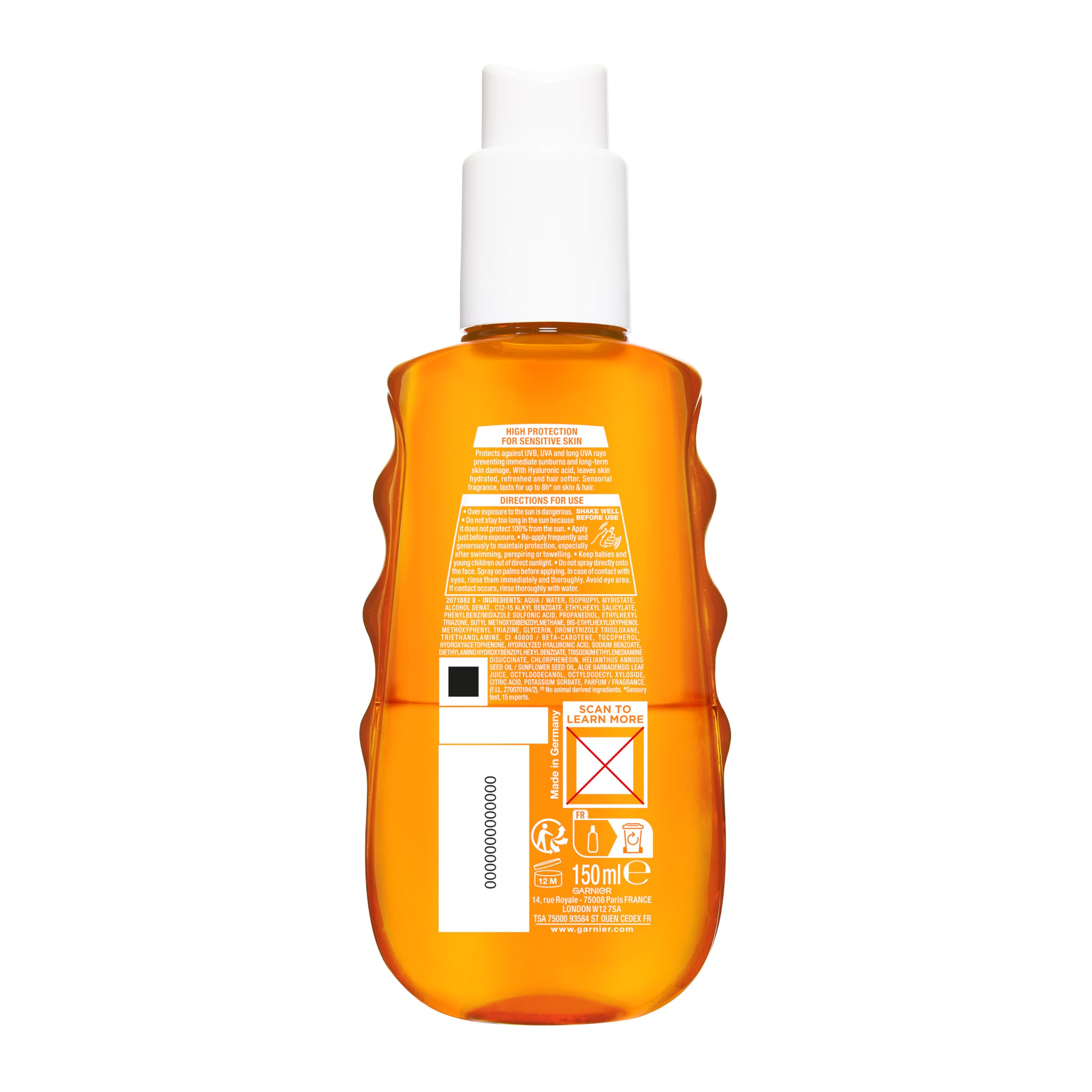 Garnier Acqua Solare Idratante SPF 30, Per Tutti i Tipi di Pelle, Idratazione e Protezione dagli UV, Resistente ad Acqua, Sudore e Sabbia, Finish Invisibile, Ambre Solaire Advanced Sensitive, 150 ml