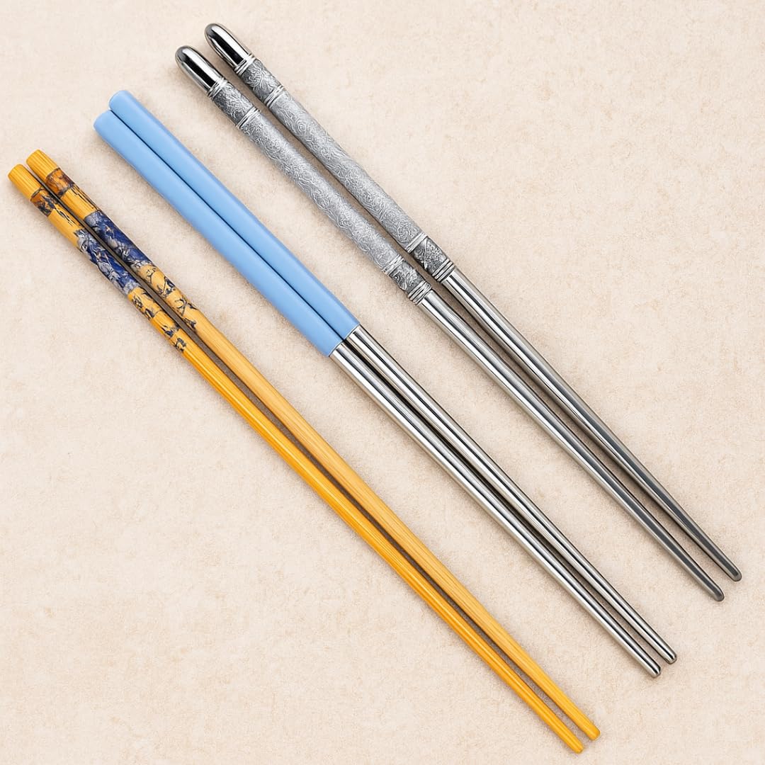 3-Pair Chopsticks Set – 2 Pairs Blue & Grey Stainless Steel & 1 Pair Wooden Brown – Reusable, Lightweight, Non-Slip Square Grip Korean & Chinese Style, Sushi & Hotpot (Multicolor)-image-42