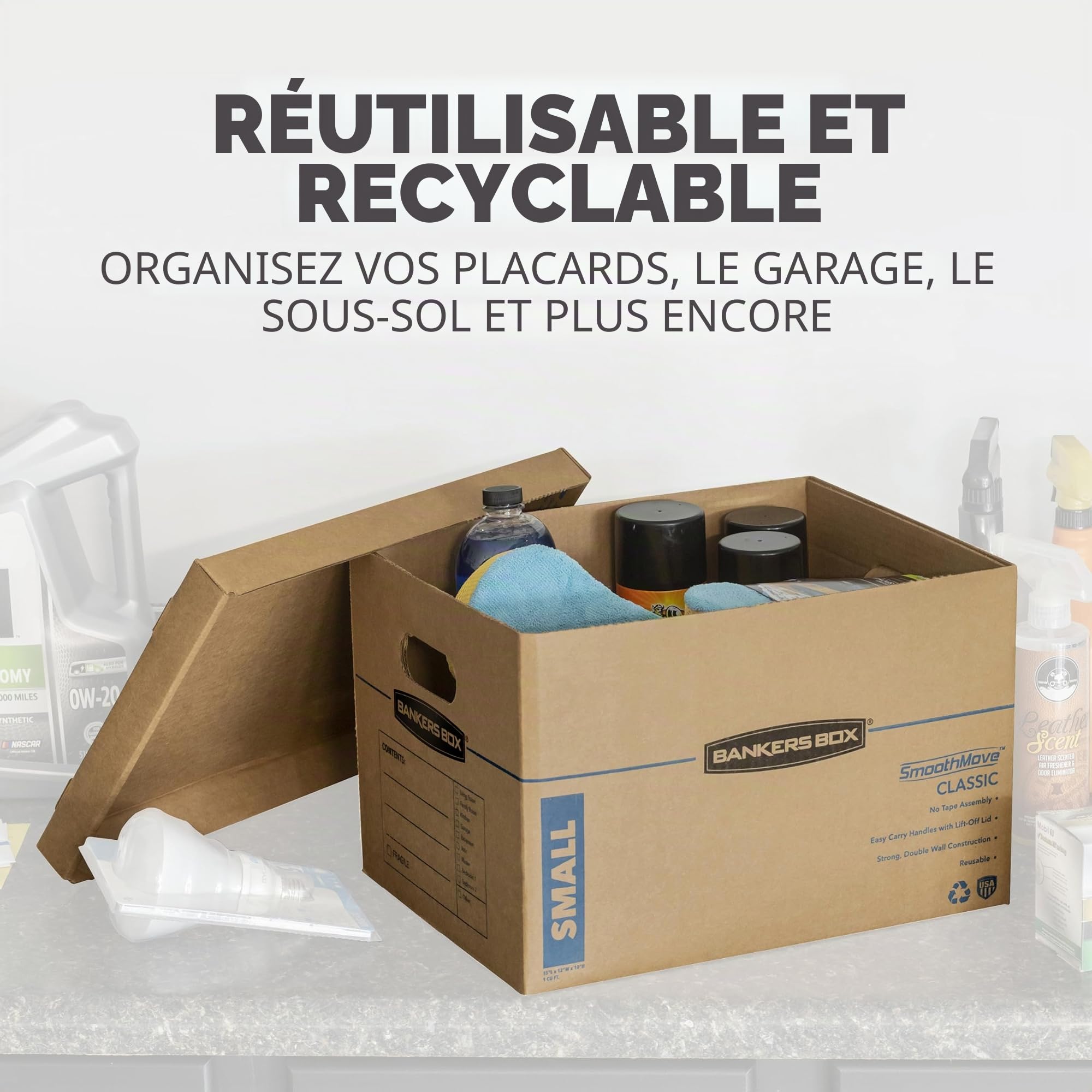 BANKERS BOX 7716401 Lot de 12 boîtes de déménagement classiques avec poignées renforcées, assemblage sans ruban adhésif, boîte avec couvercle, 8 petites et 4 boîtes moyennes
