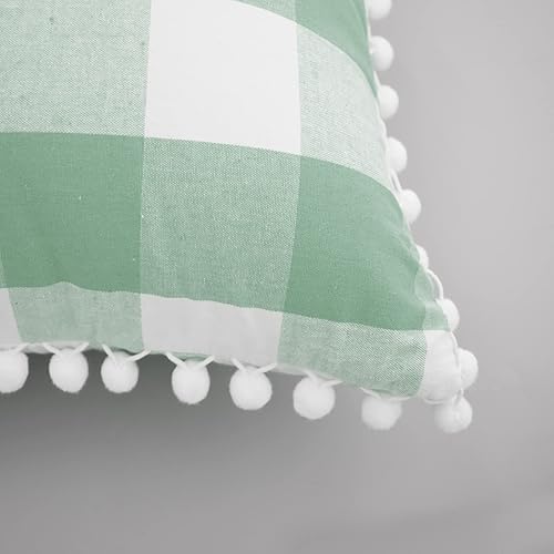 Miniatura 5 de Fundas de almohada decorativas de algodón a cuadros con pompones, funda de almohada retro de estilo rústico a cuadros para sofá, automóvil,