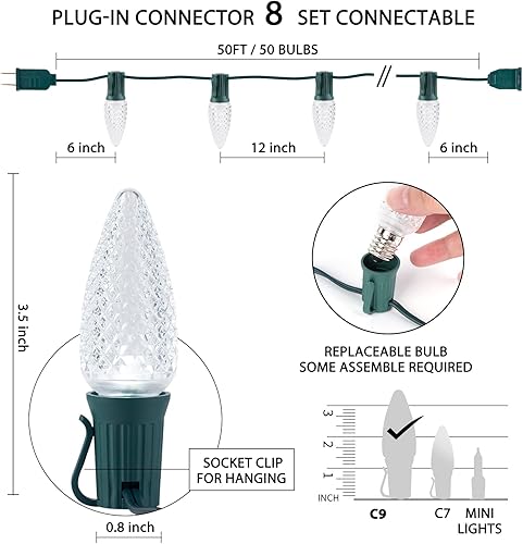 Miniatura 9 de Brightown Guirnalda de luces LED C9 de Navidad para exteriores, luces de fresa facetadas, extensibles, con certificación UL para fiestas,