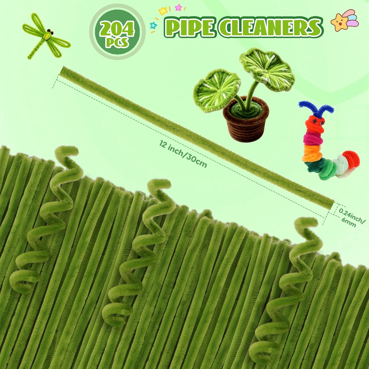 204 PCS Green Pipe Cleaners, Pipe Cleaners Bulk Arts and Crafts, Fuzzy Pipe Cleaners Green, Pipe Cleaner Craft Creative Craft, for Making Bouquets and Christmas Decorations image 2