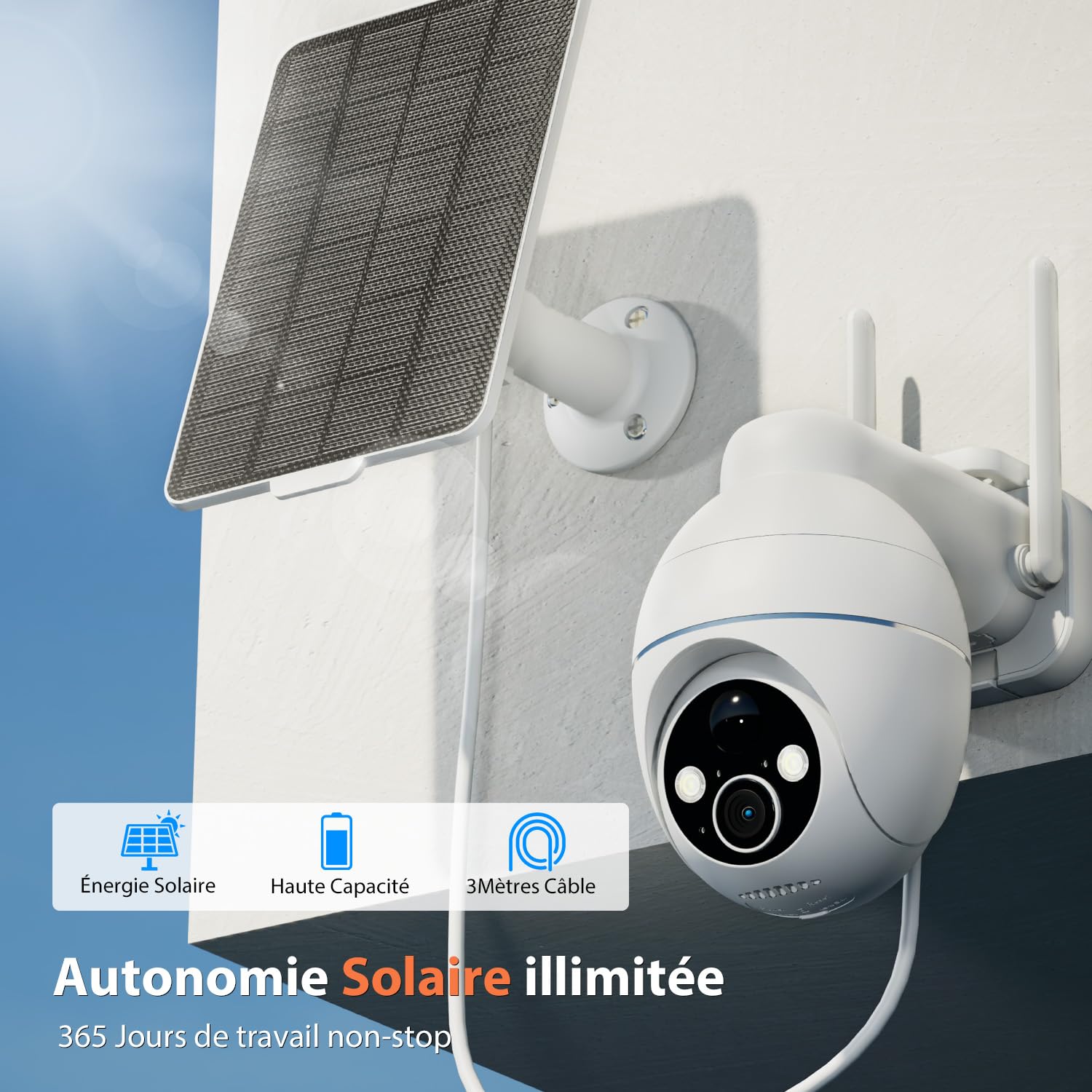 5MP Camera Surveillance WiFi Exterieure sans Fil Batterie - 2.4GHz Caméra de Surveillance, Autonomie du Panneau Solaire, 360° PTZ, Vision Nocturne Couleur, PIR Sirène (5MP)