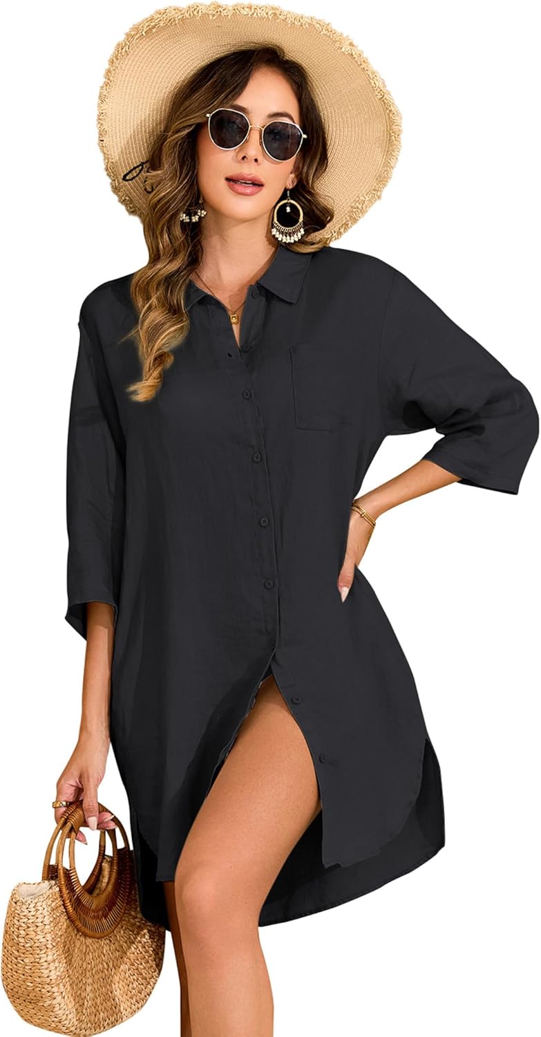 Women's 100% Linen Button Down Shirt Dress with Pockets Oversize Collared 3/4 Sleeve High Low Tunic Dresses Blouse