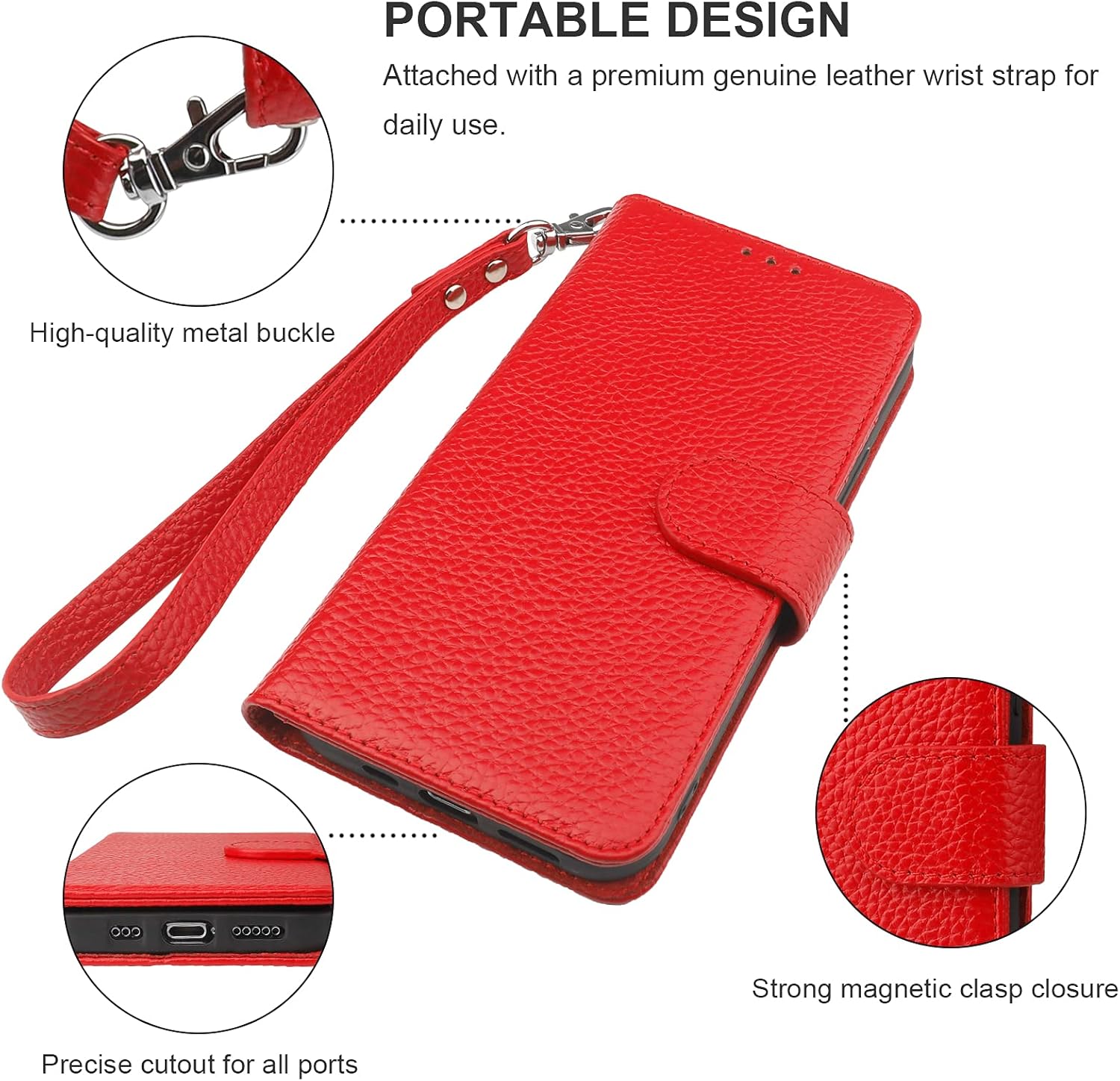 Bocasal Genuine Leather Wallet Case for iPhone 13 Pro 5G Wireless Charge RFID Blocking Credit Card Holder Kickstand Folio Flip Protective Cover with Wrist Strap Magnetic Clasp 6.1 Inch(Red)