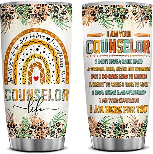 4LIEUBASMI Vaso de 20 onzas para consejero escolar, semana de agradecimiento al consejero, moderno multicolor con estampado de letras de arco iris,