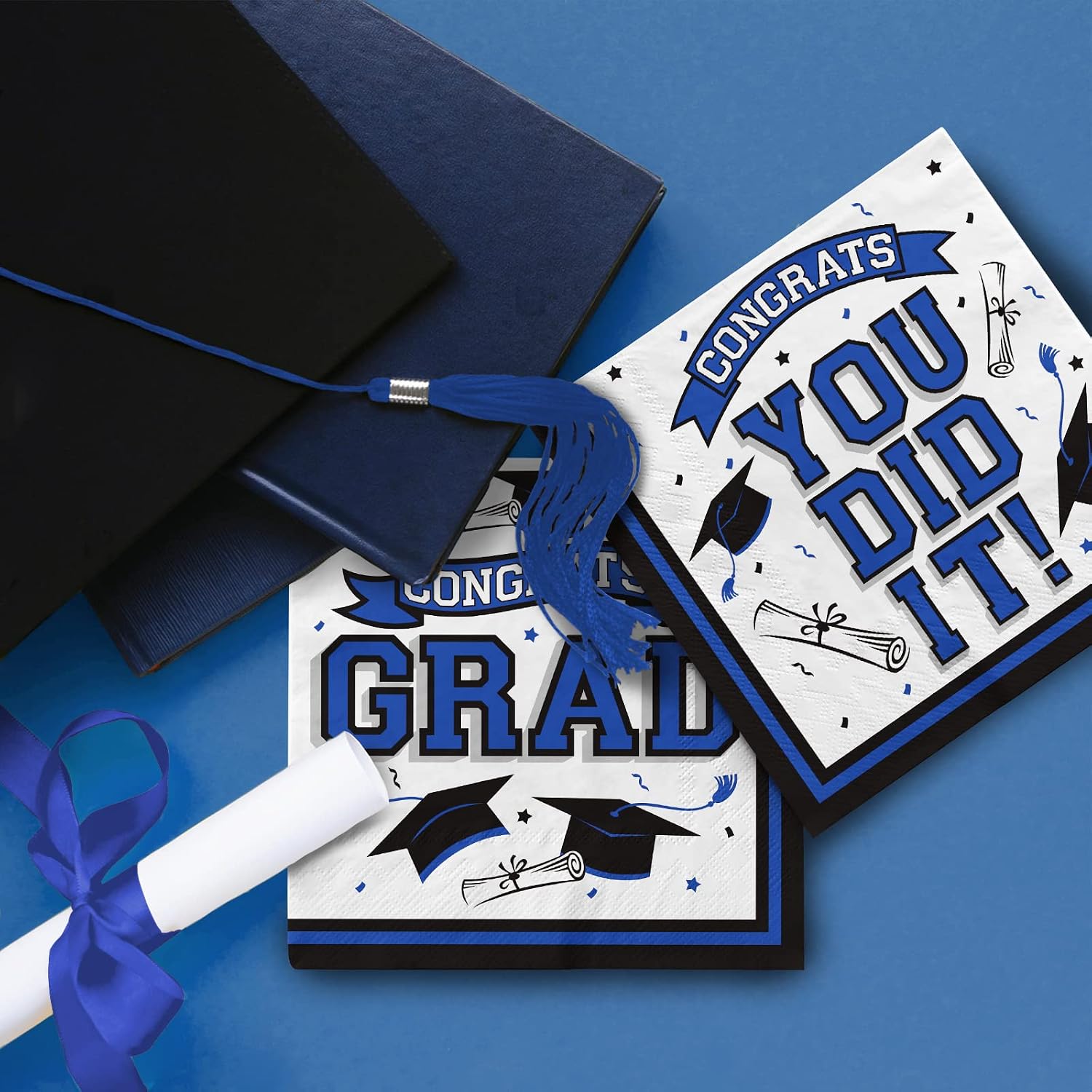 Graduation Party Supplies Disposable Paper Cocktail Napkins for Graduation Decorations, 80 Pack（blue and black）