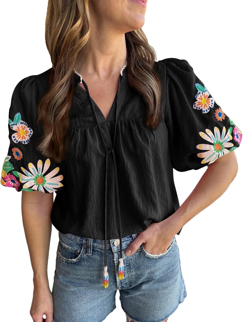 Womens Casual Floral Embroidered V Neck Boho Puff Sleeve Tops