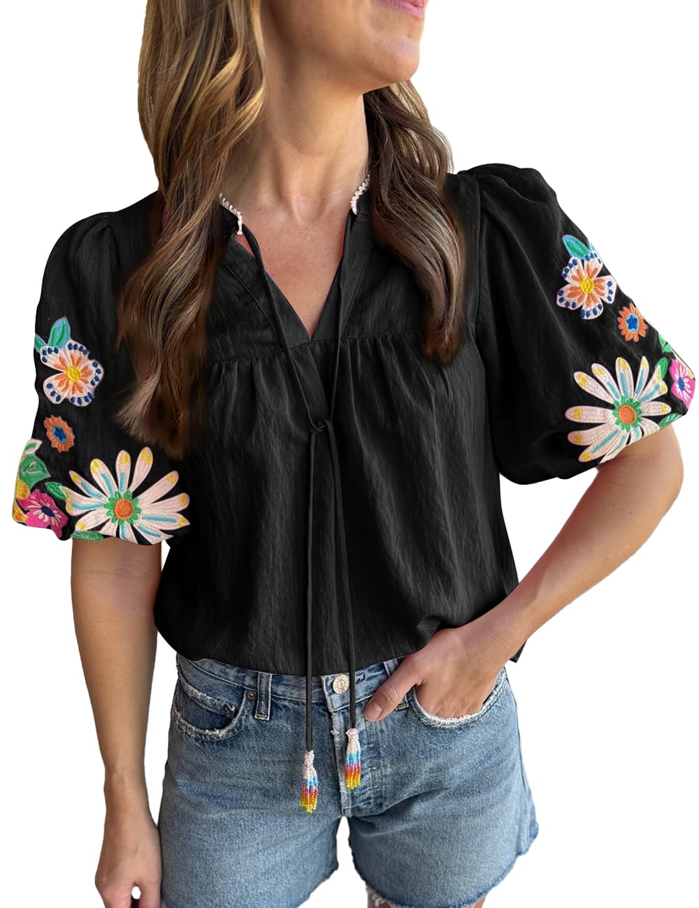 Women's Casual Floral Embroidered V Neck Boho Puff Short Sleeve Shirts Loose Tunic Summer Blouses Tops Fashion Clothes 2025