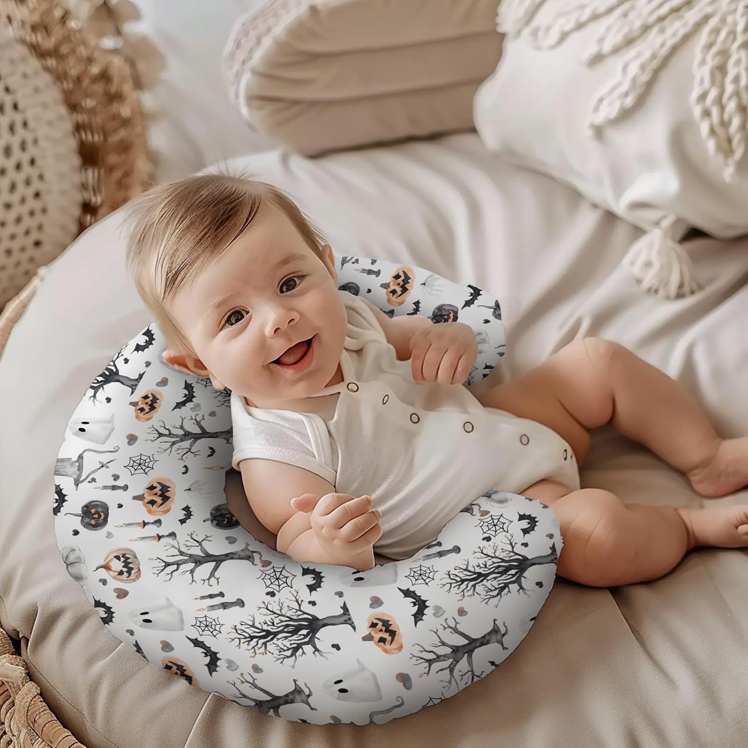 Halloween Pumpkin Bat Spider Trees Pattern Nursing Pillow Cover, Unisex Fall Autumn Holiday Removable Breastfeeding Pillowcase Slipcover for Baby Girls Boys Newborns Toddlers, Cover Only