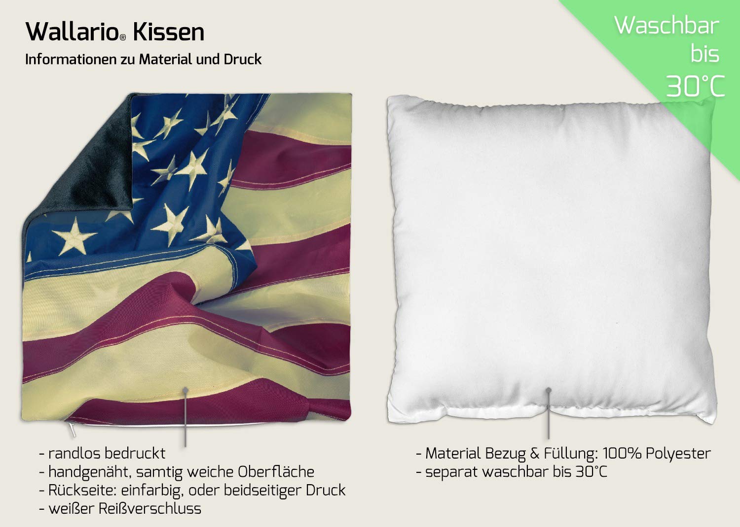 Wallario Dekokissen 40 x 40 cm, Amerikanische Flagge im Wind, beidseitig Bedruckt, Kuschelkissen mit weicher Plüsch-Oberfläche