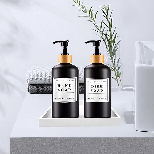 Miniatura 6 de Juego de dispensador de jabón negro de 16 onzas con bomba de bambú, dispensador de jabón de manos y platos para cocina, dispensador de loción de