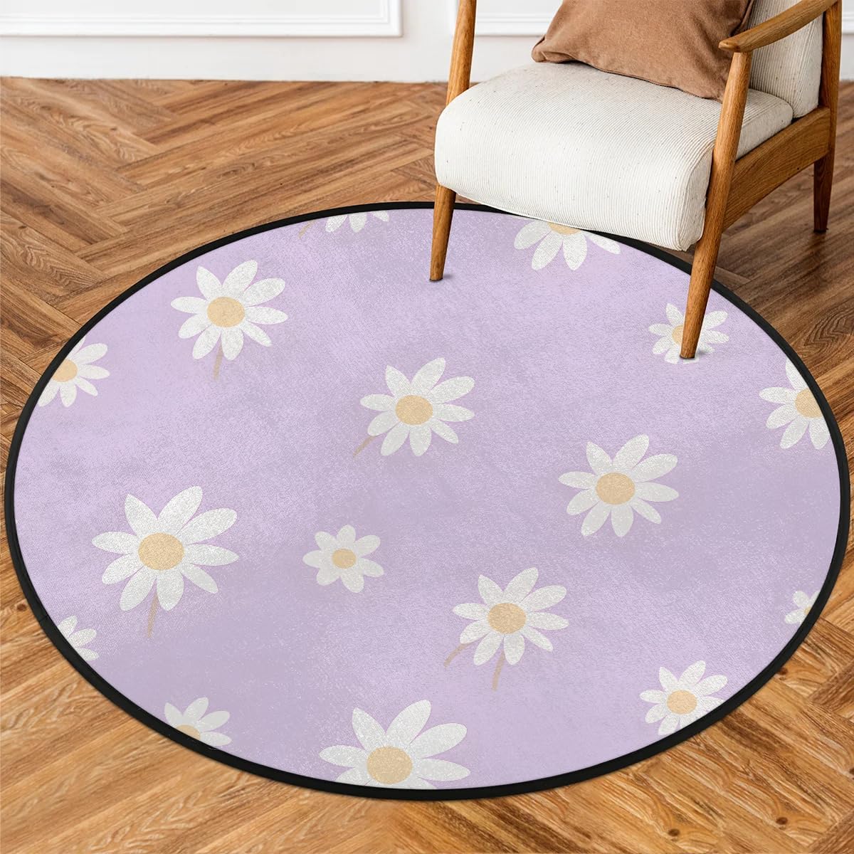 Daisy White Purple Round Area Rug 3ft Washable Soft Circle Rugs Non-Slip Indoor Floor Mats Throw Rug Carpet for Nursery Kids Room Living Room Entryway Bedroom Bathroom Decor