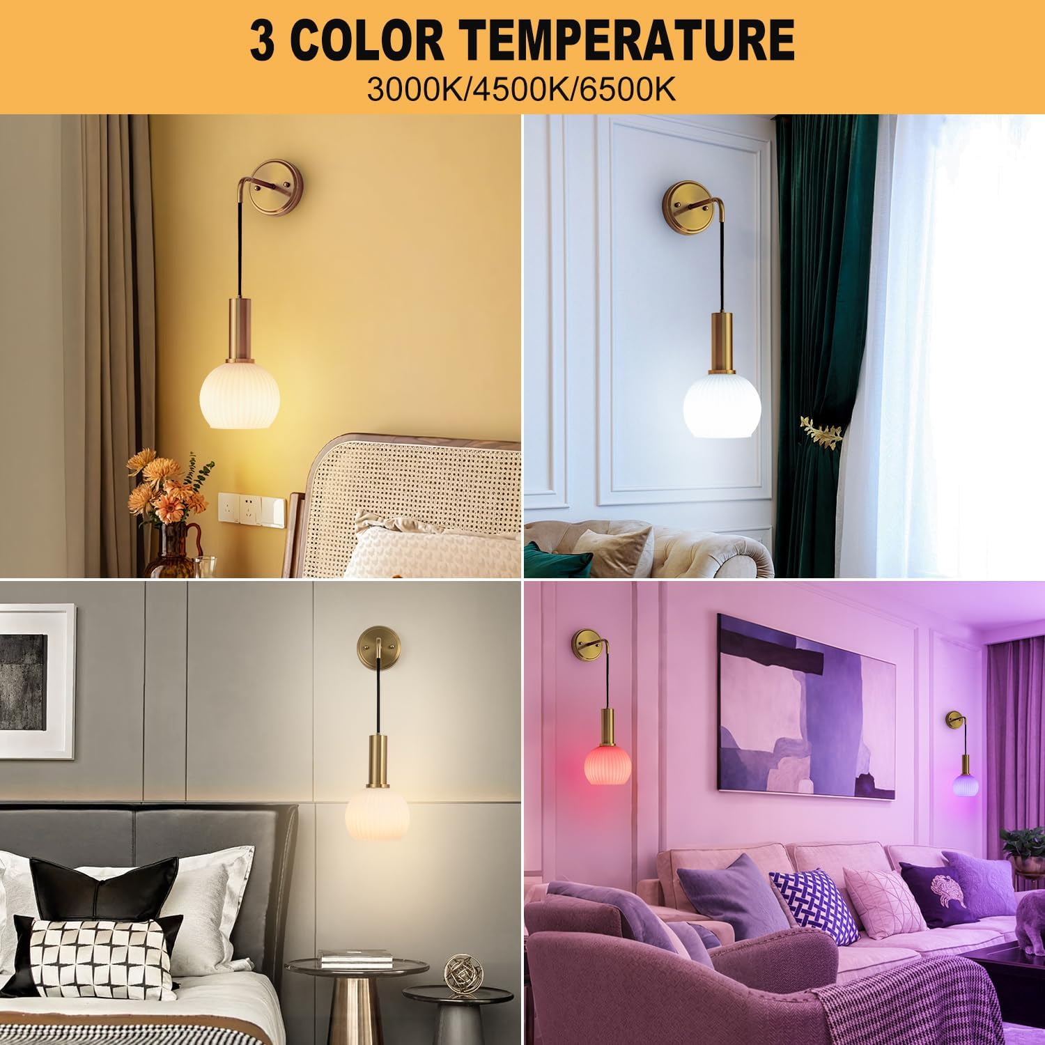 Golden wireless glass wall lamp, wireless charging wall lamp for home decoration, 12 color RGBW dimmable wall lamp, suitable for wall decoration in bedrooms, living rooms, corridors, and living rooms