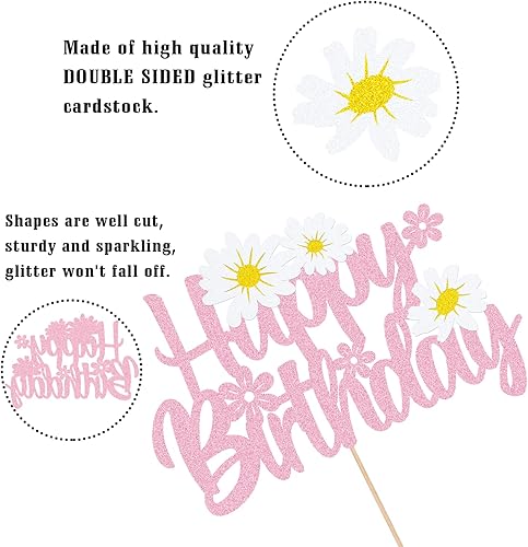 Miniatura 2 de WishFirst - Decoración para pastel de cumpleaños de margaritas, decoración de pastel de flores rosadas, suministros de fiesta de cumpleaños de