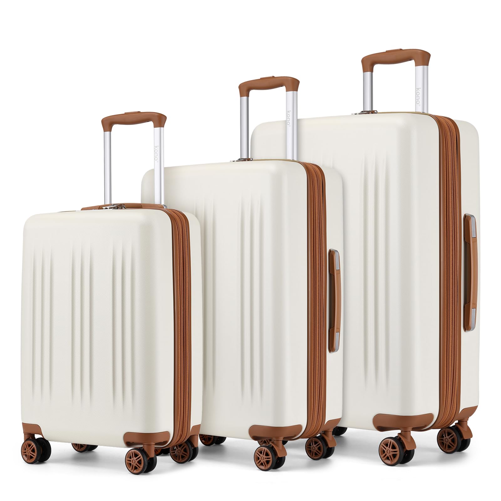 Kono Expandable Luggage 3 Piece Set Hardshell Lightweight 20in 24in 28in Carry On Suitcase with Spinner Wheels TSA Lock (Cream White & Brown)