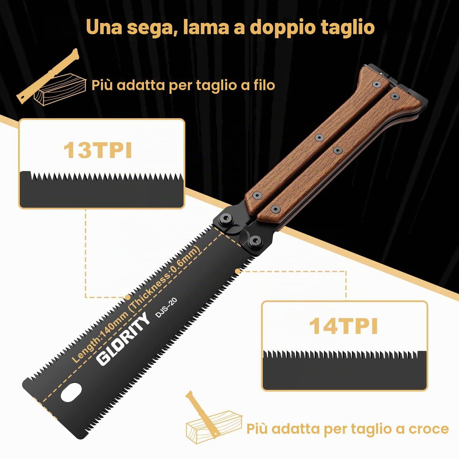 Sega Giapponese GLORITY 140mm con Doppi Bordi di 13/14 TPI, Lama SK5, Tre Lati Disegno Denti di Rettifica, Sega Pieghevole per Lavorazione del Legno e Fai da Te