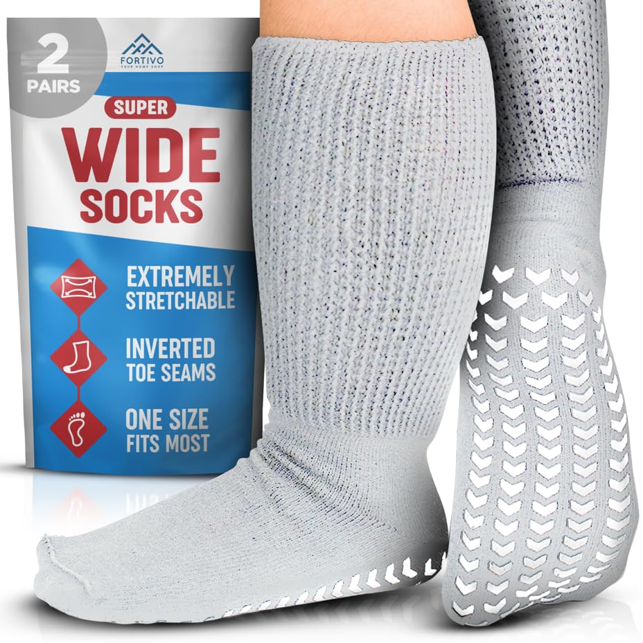 FORTIVO 2 Pairs Extra Wide Socks For Swollen Feet, Non-Slip Hospital and Diabetic Socks for Men and Women