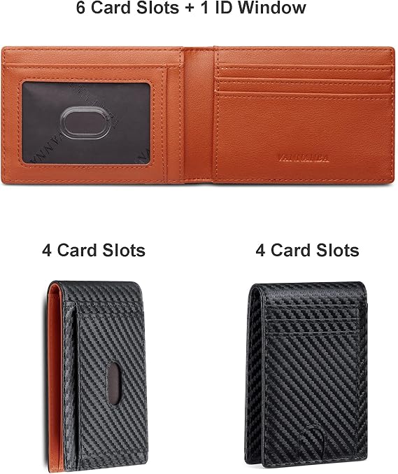 Slim Wallets for Men Leather Mens Wallet RFID Blocking Front Pocket Bifold Wallet Thin Credit Card Holder with Gift Box, carbon black&orange, Minimalist