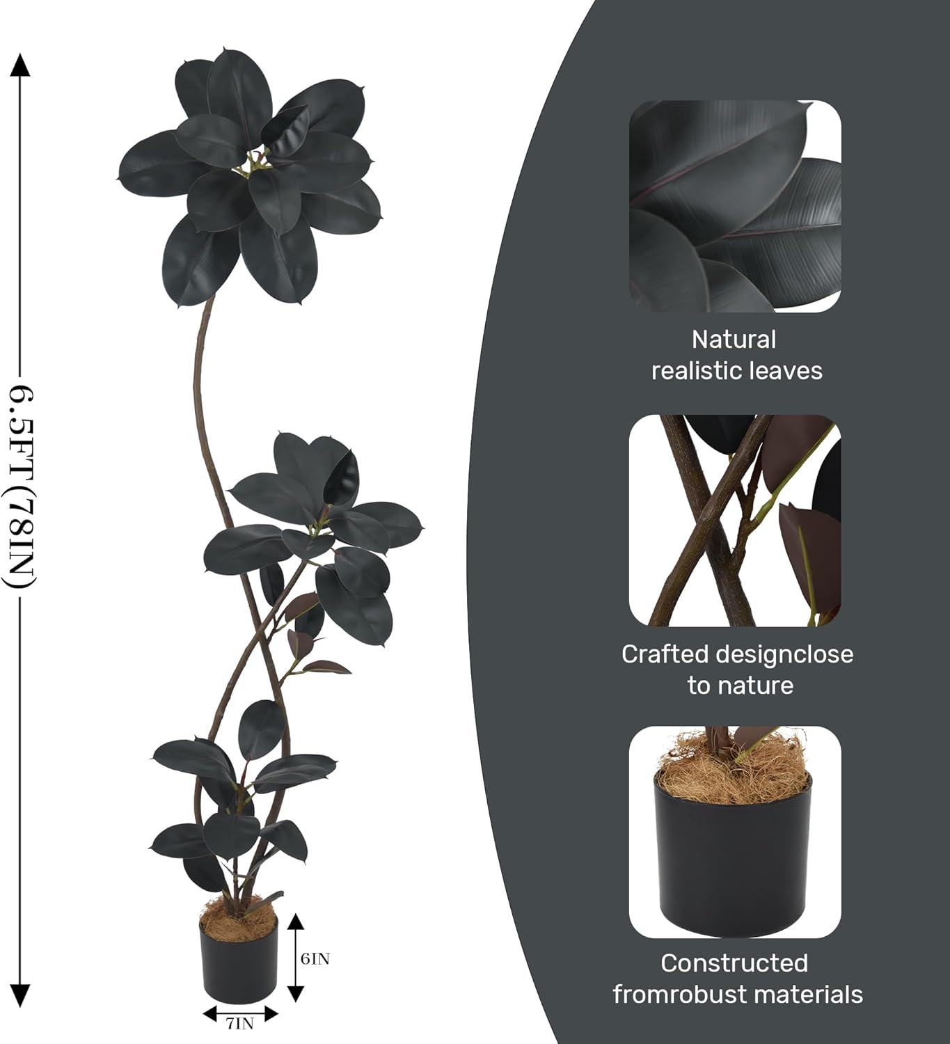 Artificial Rubber Tree 6.5FT(78in) Tall Faux Plants with Realistic Leaves and Trunks, Fake Floor Potted Artificial Trees for Home Office Living Room Indoor Outdoor Decor (6.5feet,1Pack)