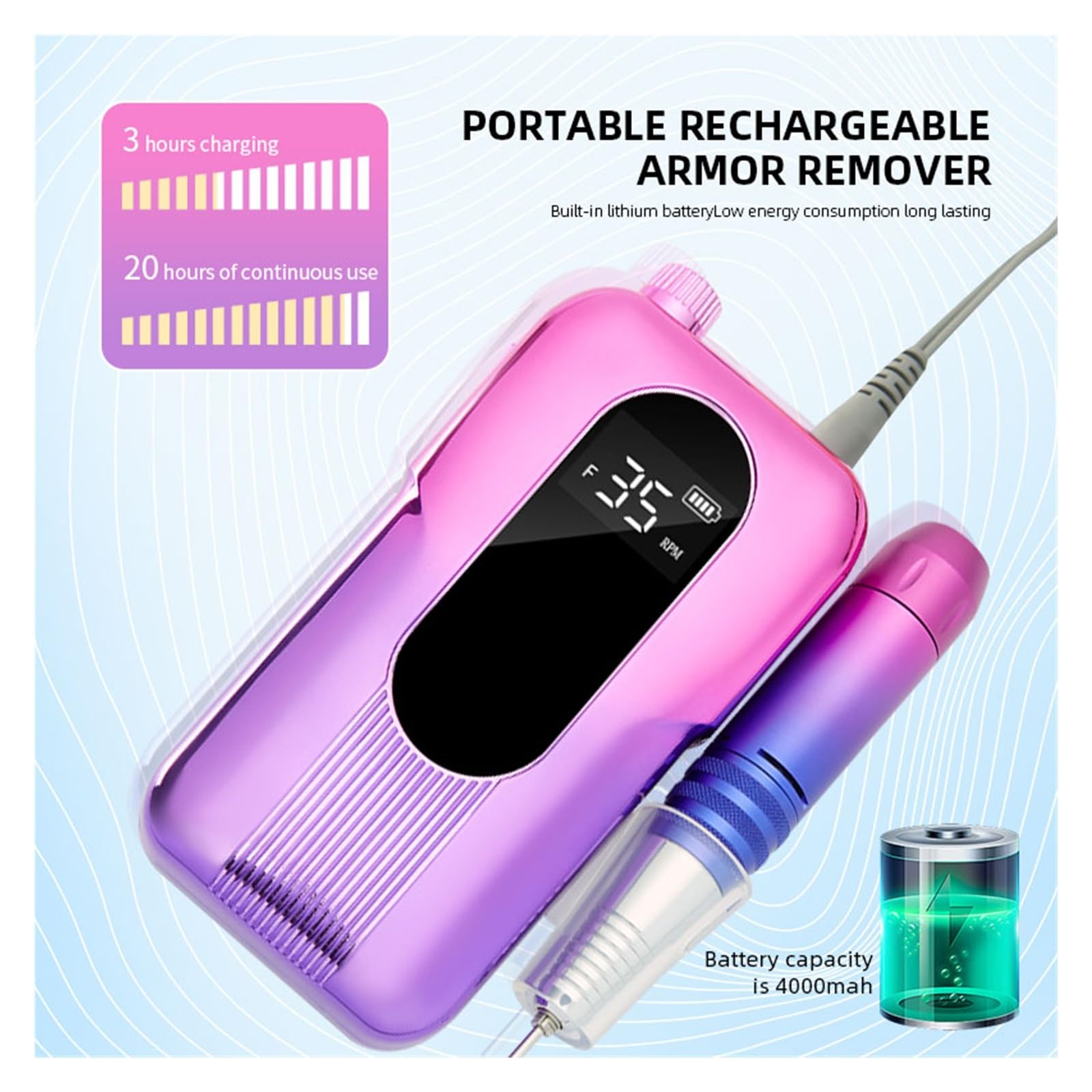 Nagelfräser, 35000 U/min Professionelle Nagelbohr-Maniküremaschine, elektrische Nagelfeilenschleifmaschine mit LED-Anzeige for Entfernen von Gel-Nagellackstift(Gradient)