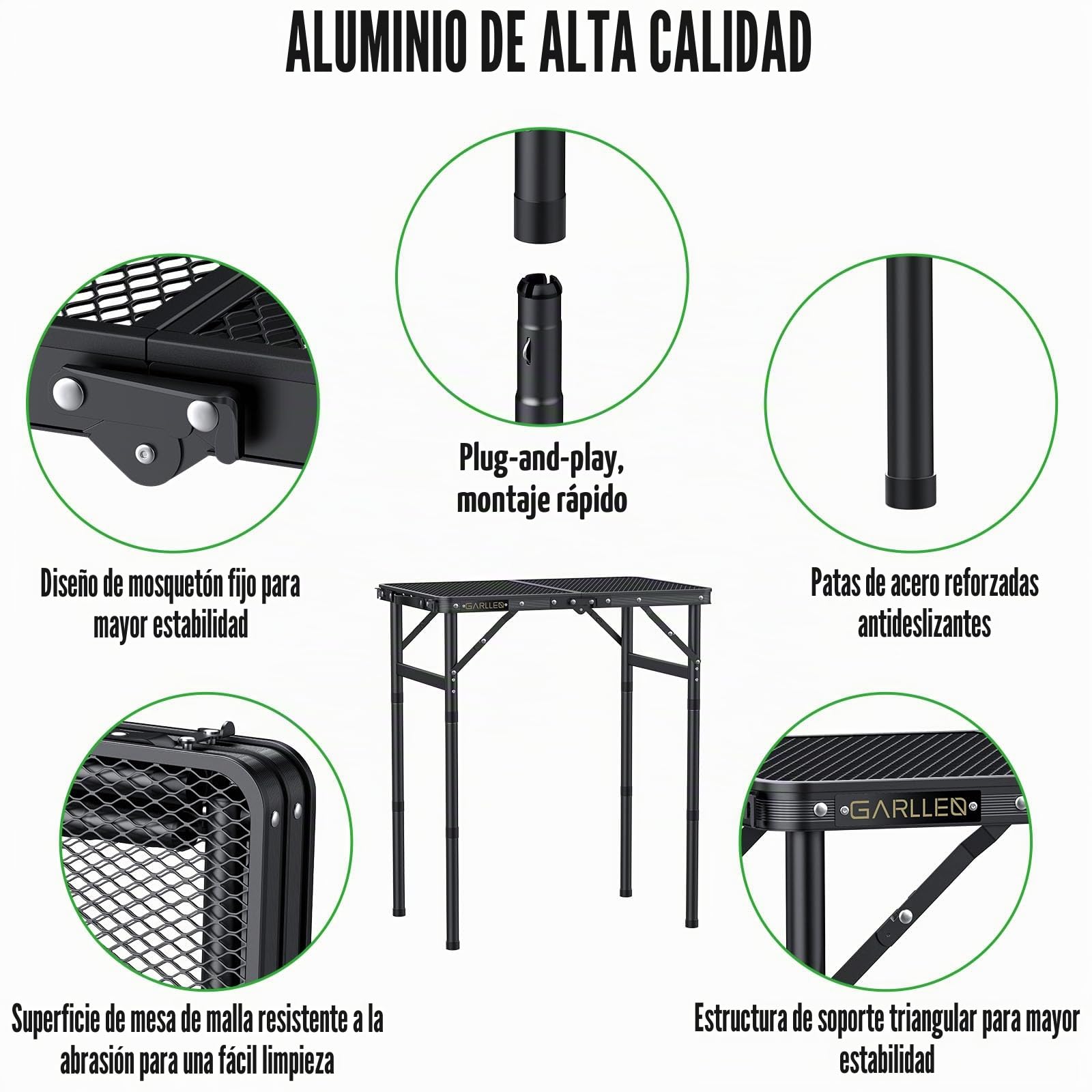 GARLLEN Mesa Plegable para Barbacoa, Mesa de Camping 3 Altura Ajustable Mesa de Picnic de Aluminio Portátil Estable 58 * 40 * 70cm