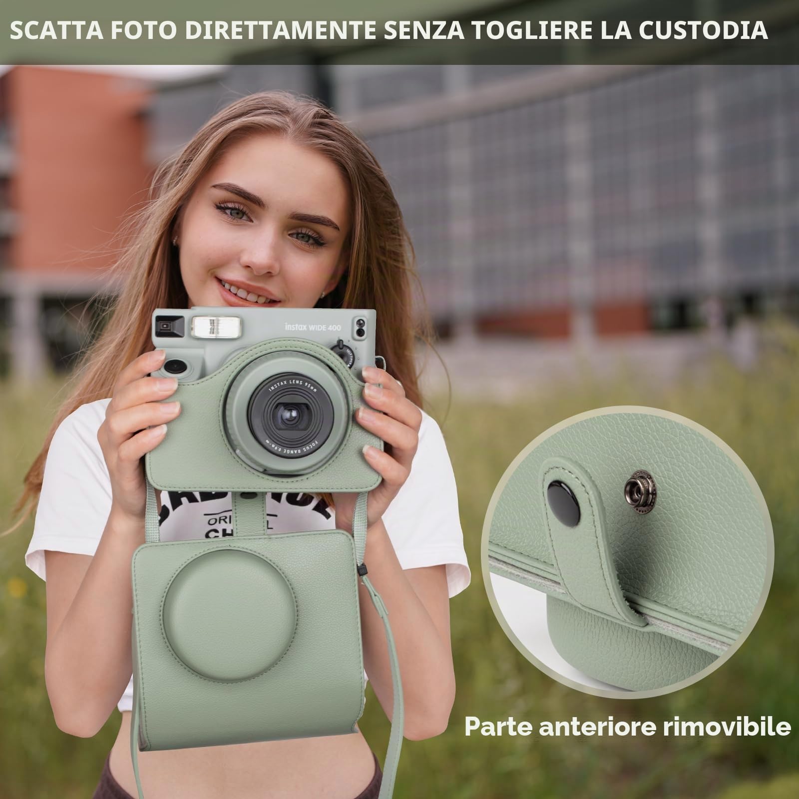 Custodia Protettiva in Pelle Compatibile con Fotocamera Istantanea Fujifilm Instax Wide 400, Custodia per Fotocamera Wide 400 con Tracolla - Verde Fresco