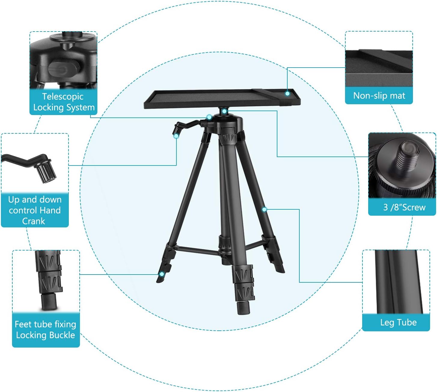 Neewer Aluminum Tripod Projector Stand, Adjustable Laptop Stand, Computer Stand with Plate and Carry Bag, Adjustable Height 18-47.6inches for Projectors/Laptops/Photography/DJ Equipment (Black)