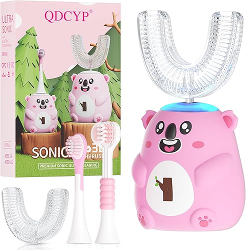 Miniatura 9 de Cepillo de dientes eléctrico en forma de U para niños, limpieza sónica automática de 360°, 6 modos, 4 cabezales de cepillo, bonito diseño de koala