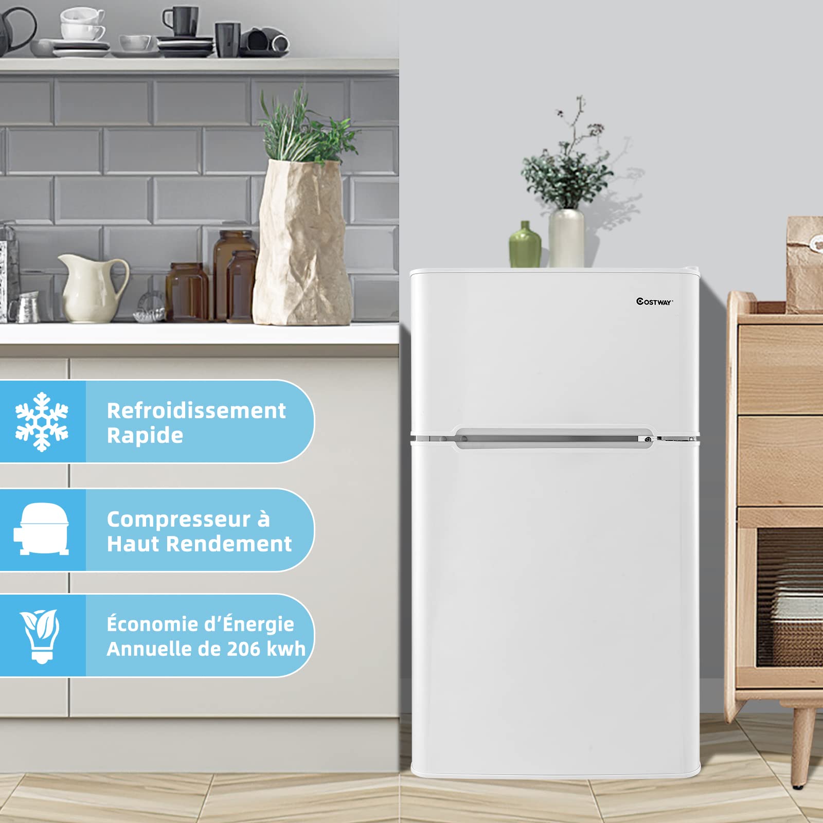 COSTWAY Réfrigérateur à Double Porte 90 L, Réfrigération Rapide, Économie d'énergie, Réfrigérateur en Métal avec 7 Niveaux de Température, 48,5 x 49,5 x 86 cm (Blanc)