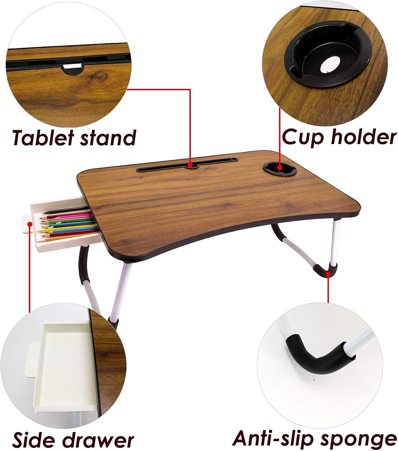 Laptop Bed Table, Portable Laptop Bed Desk with Side Drawers, Laptop Bed Tray Table Reading Holder with Foldable Legs & Cup Slot : Electronics