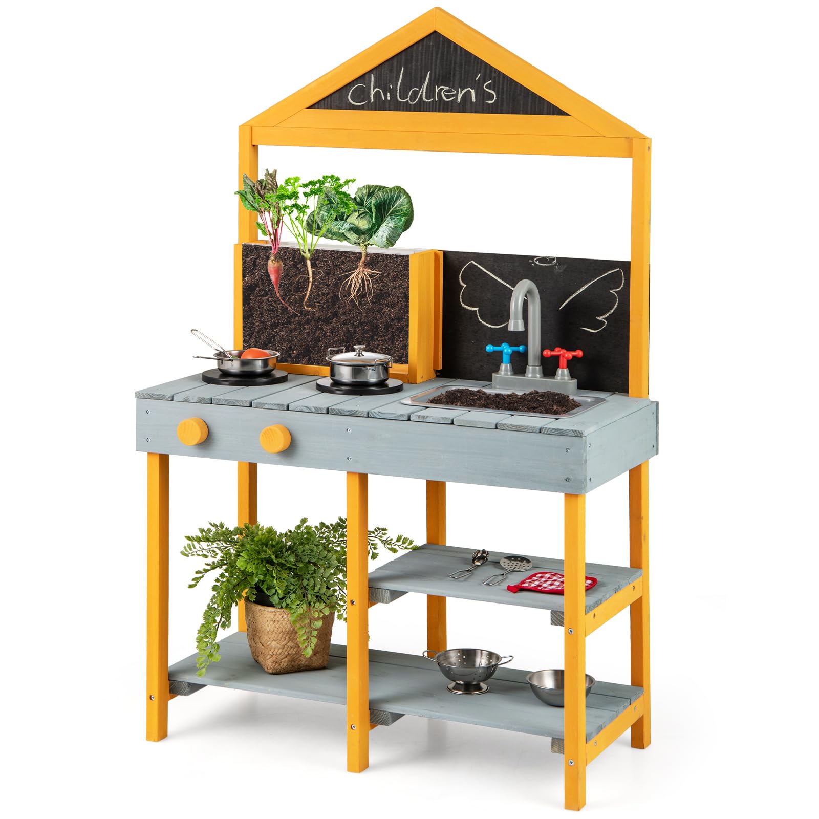 GYMAX Kids Mud Kitchen, Outdoor Toy Kitchens with Root Viewer Planter, Faucet, Removable Sink, 2 Chalkboards, Shelves & Cookware Accessories, Wooden Play Kitchen for 3+ Years Old (Blue+Yellow)