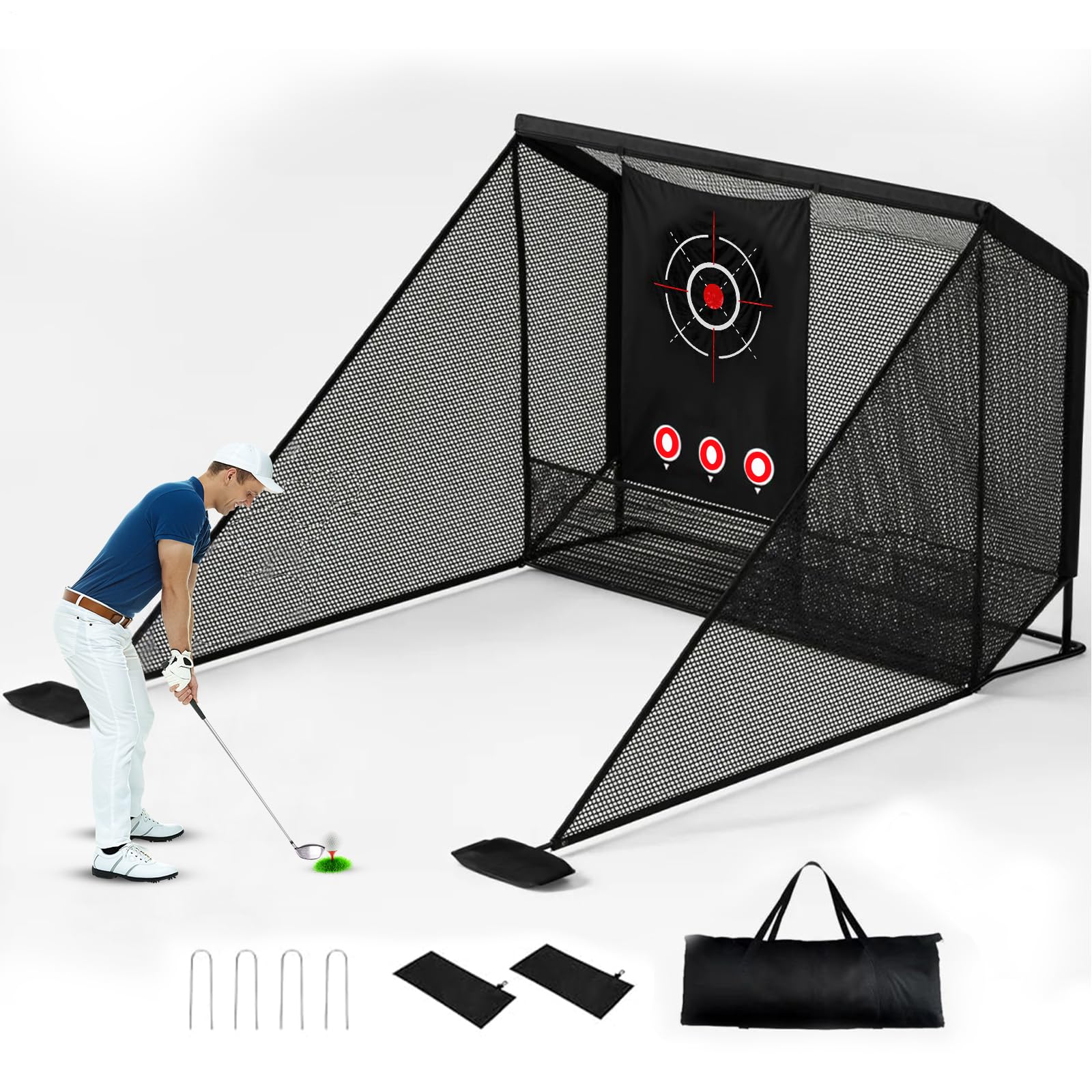 Golf-Übungsnetz, 300 x 210 cm großes Golfnetz mit Seitenbarrieren/automatischer Ballrückführung, geräuscharmer Zielscheibe, Tragetasche, 4 Heringen, Übungsnetz für Indoor/Outdoor-Training