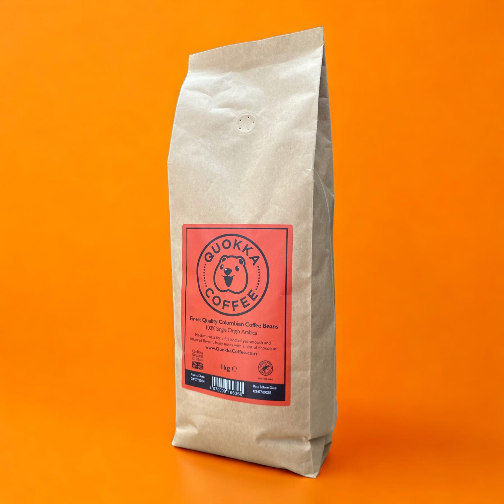 Quokka Coffee Café en grano entero 300 g/1 kg, 100% arábica colombiana, granos de café especiales de tostado medio, certificado Rainforest Alliance, carbono neutro, origen único (6 x 1 kg, colombiano)