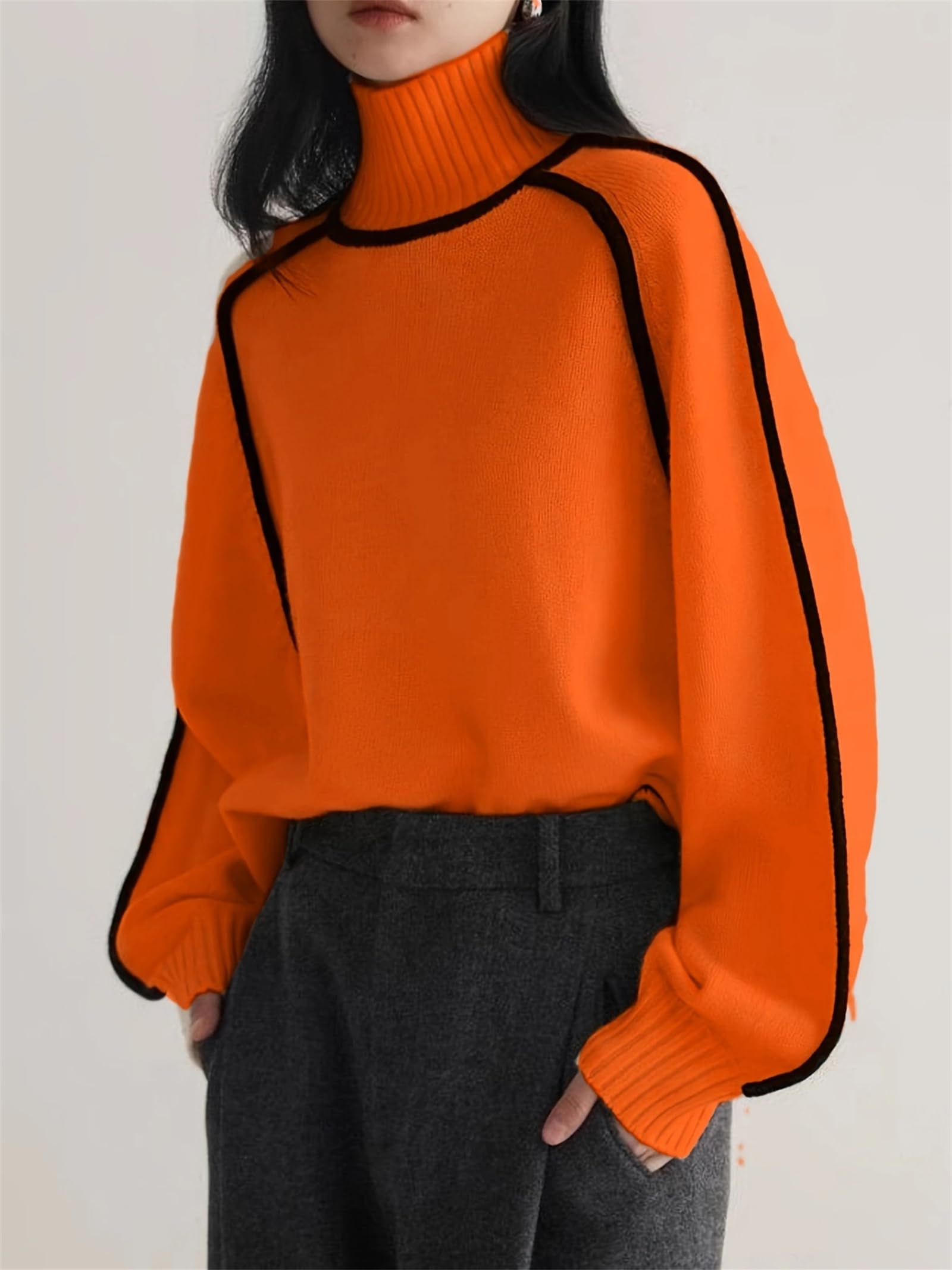 Maglione da donna a collo alto, a maniche lunghe, lavorato a maglia con bordo a contrasto, alla moda, per autunno e inverno, basic