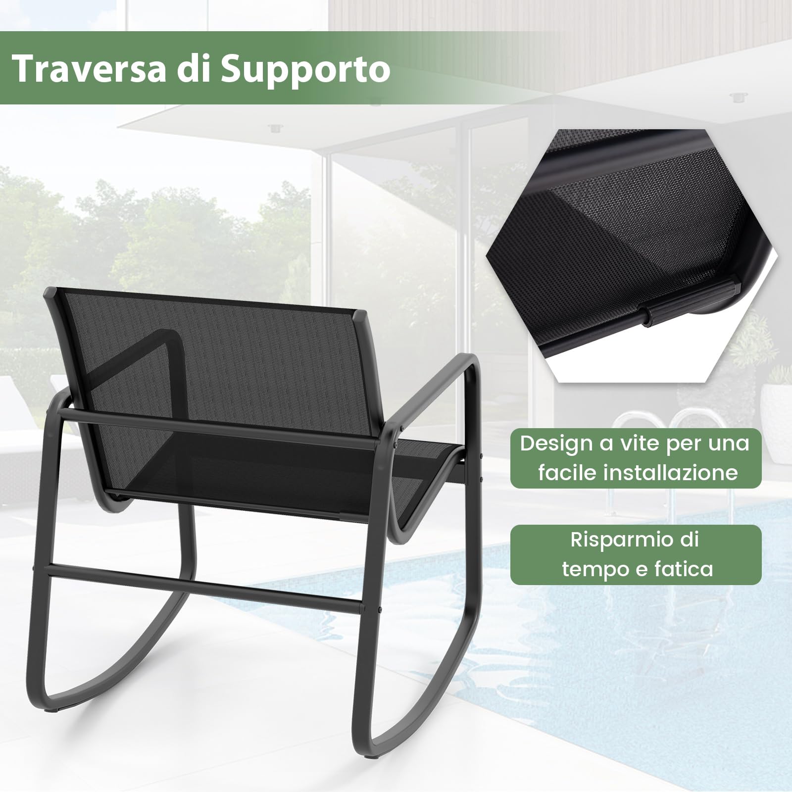 COSTWAY Set Bistrò 3 Pezzi, Sedie a Dondolo Ergonomiche Textilene, Tavolino Vetro Temperato, Struttura Metallo, Nero