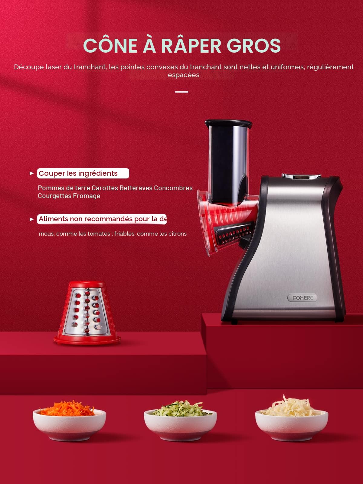 FOHERE 4 en 1 Râpe a Légumes Électrique, Découpe légumes électrique 200W Râpe Carottes Hachoir Électrique pour Fromage, Carottes, Pommes de Terre, Concombres, Argent