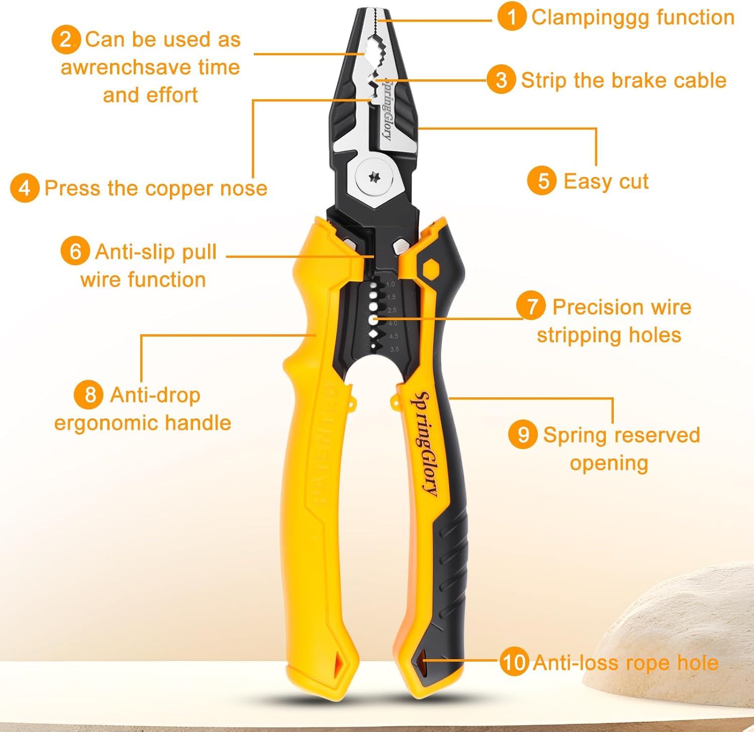 7-in-1 Linesman Pliers,9 inch Multipurpose Combination Pliers with Wire Stripper/Crimper/Cutter/Brake Cable Stripper Function, Heavy Duty Side-Cutting Pliers.