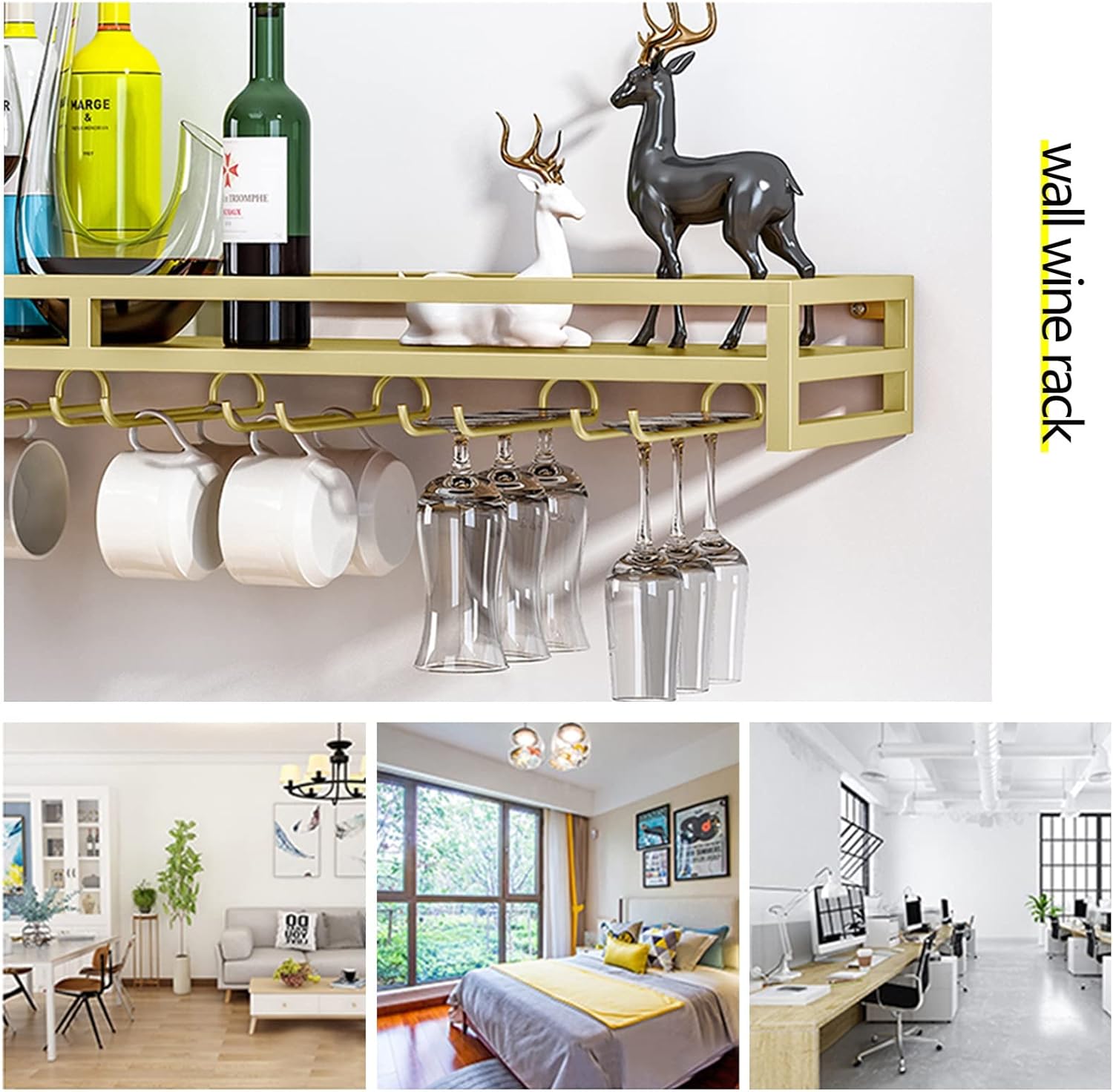 Wall Mounted Wine Rack Hanging Floating Shelves Upside Down Wine Cups Holder Gold Wine Bottle Racks Stemware Glass Shelf Storage Shelving for Kitchen Dining Room Bar (Size : 60x20x